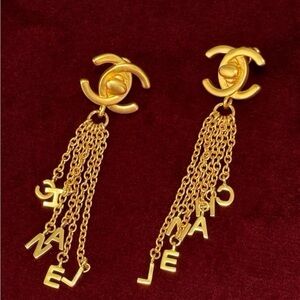 CHANEL Gold Logo Chain Earrings